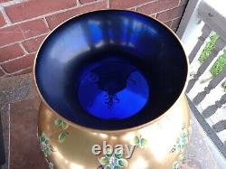 Bohemian Czech Art Glass Cobalt Blue Raised Enamel Flowers Gold Gilt 14.5 Vase