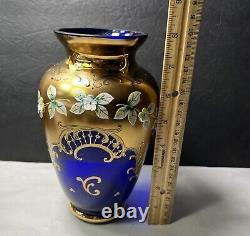 Bohemian Czech Art Glass Cobalt Blue Raised Enamel Flowers Gold Gilt 8 Vase