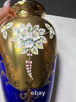 Bohemian Czech Art Glass Cobalt Blue Raised Enamel Flowers Gold Gilt 8 Vase