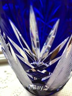 Bohemian Czech Cobalt Blue Cut To Clear Crystal 8 1/2 Vase Mint