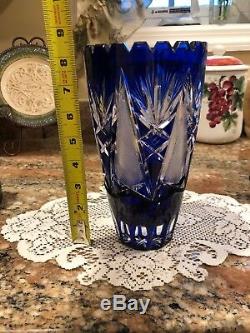 Bohemian Czech Cobalt Blue Cut To Clear Crystal 8 1/2 Vase Mint