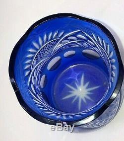 Bohemian Czech Cobalt Blue Cut To Clear Crystal Art Glass Vase 7.5 x 4 Mint