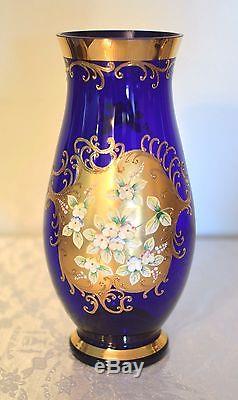 Bohemian Czech Gold High Enamel Cobalt Blue Crystal Glass Vase