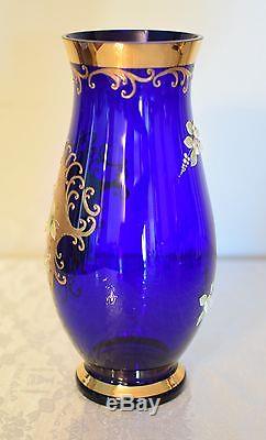 Bohemian Czech Gold High Enamel Cobalt Blue Crystal Glass Vase