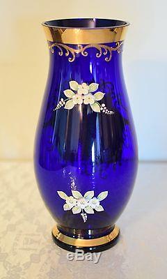 Bohemian Czech Gold High Enamel Cobalt Blue Crystal Glass Vase