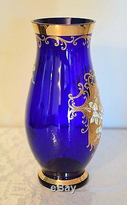 Bohemian Czech Gold High Enamel Cobalt Blue Crystal Glass Vase