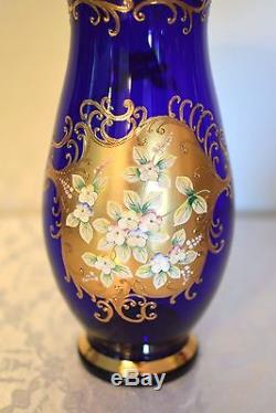 Bohemian Czech Gold High Enamel Cobalt Blue Crystal Glass Vase