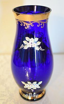 Bohemian Czech Gold High Enamel Cobalt Blue Crystal Glass Vase