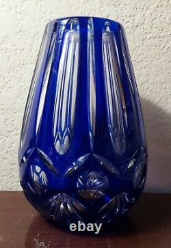 Bohemian Czech Vintage Handmade Heavy Cut to Clear Cobalt Blue Crystal Vase 10