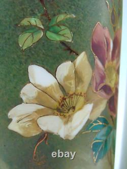 Bohemian Hand Painted Yellow / Blue Bird & Wild Roses Art Nouveau Glass Vase Set