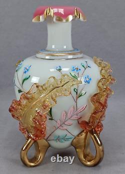 Bohemian Harrach Enameled Blue Custard Glass Applied Leaves & Gilt Vase