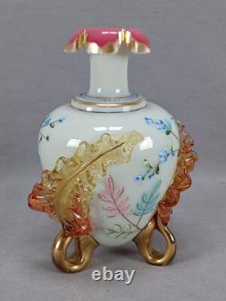 Bohemian Harrach Enameled Blue Custard Glass Applied Leaves & Gilt Vase