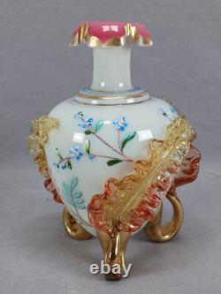 Bohemian Harrach Enameled Blue Custard Glass Applied Leaves & Gilt Vase