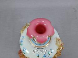 Bohemian Harrach Enameled Blue Custard Glass Applied Leaves & Gilt Vase