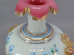 Bohemian Harrach Enameled Blue Custard Glass Applied Leaves & Gilt Vase