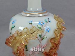 Bohemian Harrach Enameled Blue Custard Glass Applied Leaves & Gilt Vase
