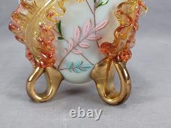 Bohemian Harrach Enameled Blue Custard Glass Applied Leaves & Gilt Vase