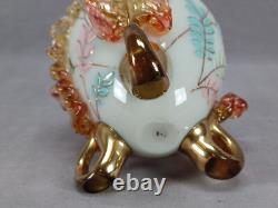 Bohemian Harrach Enameled Blue Custard Glass Applied Leaves & Gilt Vase