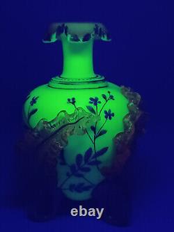 Bohemian Harrach Enameled Blue Custard Glass Applied Leaves & Gilt Vase