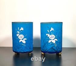 Bohemian Harrach Hand Enameled Mary Gregory Floral Malachite Glass Vases
