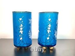 Bohemian Harrach Hand Enameled Mary Gregory Floral Malachite Glass Vases