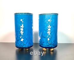 Bohemian Harrach Hand Enameled Mary Gregory Floral Malachite Glass Vases