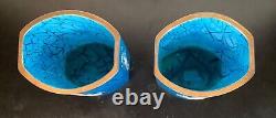 Bohemian Harrach Hand Enameled Mary Gregory Floral Malachite Glass Vases