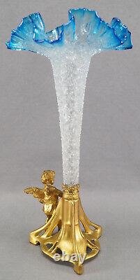 Bohemian Kralik Art Nouveau Gilt Ormolu Cherub Base Blue Overshot Glass Vase