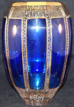 Bohemian MOSER Art Glass CABOCHON Blue 2 Clear & Gold Large Flower Vase
