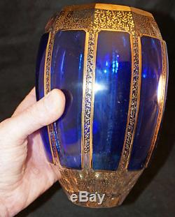 Bohemian MOSER Art Glass CABOCHON Blue 2 Clear & Gold Large Flower Vase