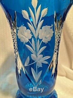 Bohemian/czech Vase 10 Royal Blue Cut To Clear Crystal Bohemia Crystal Co