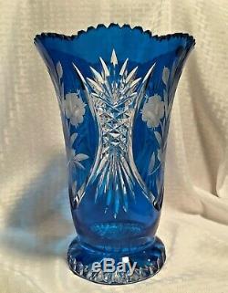 Bohemian/czech Vase 10 Royal Blue Cut To Clear Crystal Bohemia Crystal Co