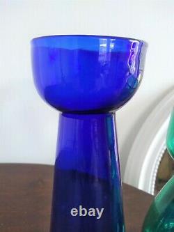 Bristol Blue Glass Hyacinth Bulb Vase & A Green Glass Antique Bulb Vase Pontil