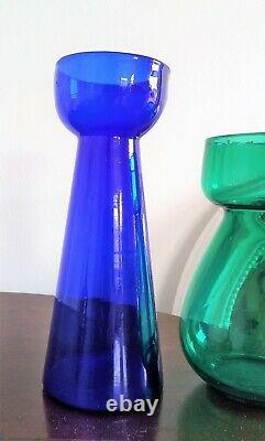 Bristol Blue Glass Hyacinth Bulb Vase & A Green Glass Antique Bulb Vase Pontil