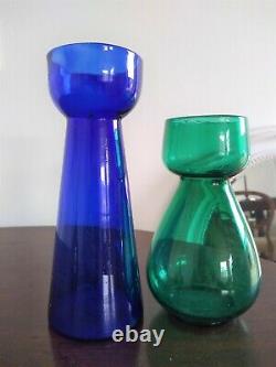 Bristol Blue Glass Hyacinth Bulb Vase & A Green Glass Antique Bulb Vase Pontil