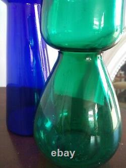 Bristol Blue Glass Hyacinth Bulb Vase & A Green Glass Antique Bulb Vase Pontil