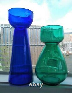 Bristol Blue Glass Hyacinth Bulb Vase & A Green Glass Antique Bulb Vase Pontil