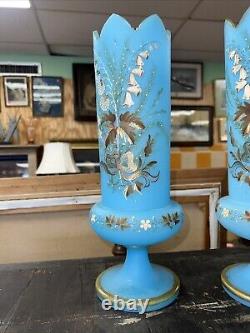 Bristol Glass Blue Vase Hand Painted
