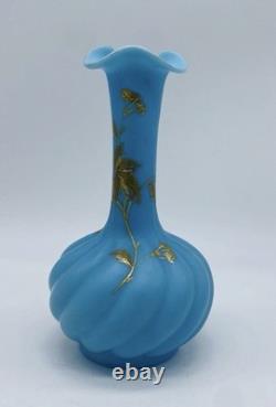 C. 1879 FRENCH Blue OPALINE TWISTED Glass Vase With Beautiful GOLD GILDING