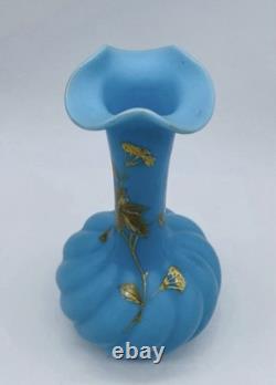 C. 1879 FRENCH Blue OPALINE TWISTED Glass Vase With Beautiful GOLD GILDING