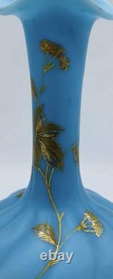 C. 1879 FRENCH Blue OPALINE TWISTED Glass Vase With Beautiful GOLD GILDING