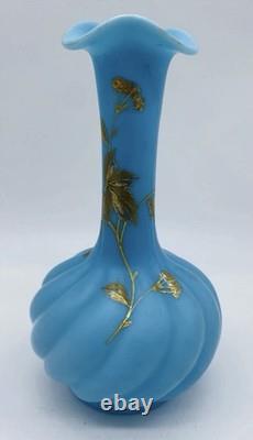 C. 1879 FRENCH Blue OPALINE TWISTED Glass Vase With Beautiful GOLD GILDING