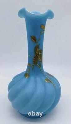 C. 1879 FRENCH Blue OPALINE TWISTED Glass Vase With Beautiful GOLD GILDING