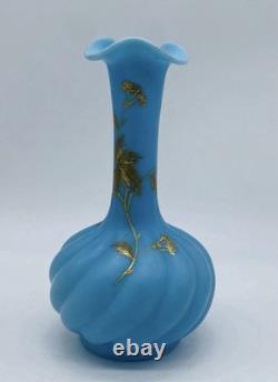 C. 1879 FRENCH Blue OPALINE TWISTED Glass Vase With Beautiful GOLD GILDING