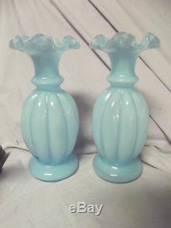 C1935 Fenton Glass Blue cased matched pair of tall melon vases MINT