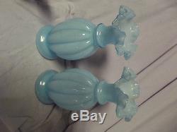 C1935 Fenton Glass Blue cased matched pair of tall melon vases MINT