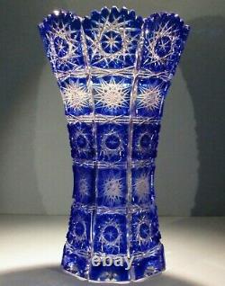 CAESAR CRYSTAL Blue Vase Hand Blown Cut to Clear Overlay Czech Bohemia Cased