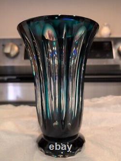 Caesar Crystal Bohemiae Czech Teal Azure Cut to Clear Lead Crystal Vase