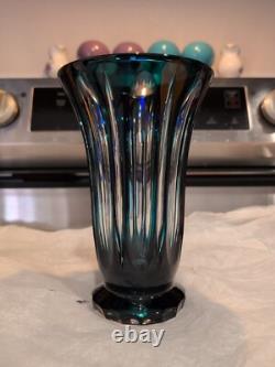 Caesar Crystal Bohemiae Czech Teal Azure Cut to Clear Lead Crystal Vase