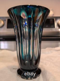 Caesar Crystal Bohemiae Czech Teal Azure Cut to Clear Lead Crystal Vase